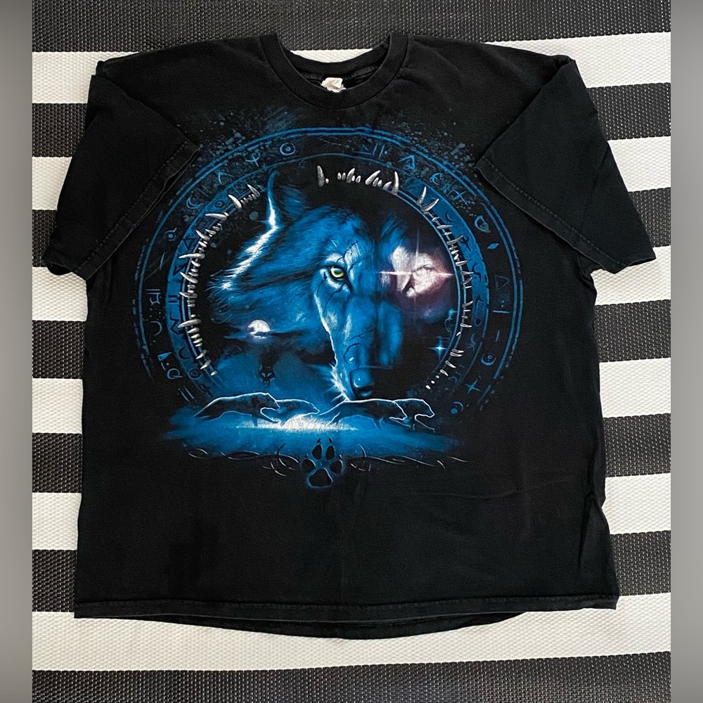 VTG 1990s Wolf Pack Arctic Runes Mens Black Graphic Tee T Shirt